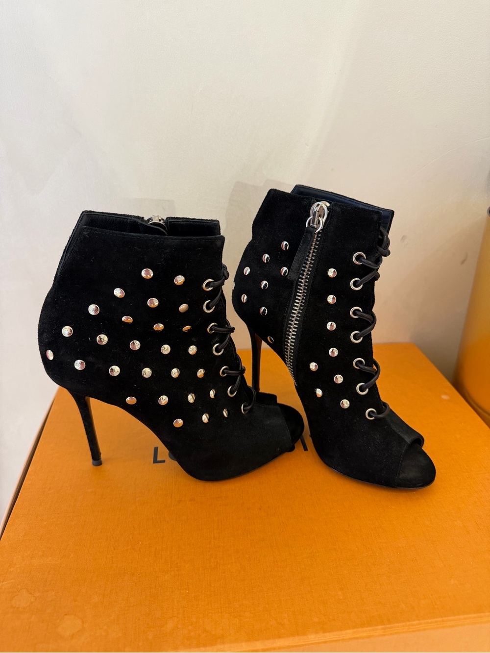 Giuseppe Zanotti Black Studded Lace-Up Peep Toe Ankle Boots 7